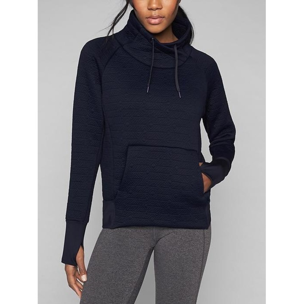 Athleta Jacquard Elevation Pullover Navy Blue Funnel Neck Sweatshirt Womens XS